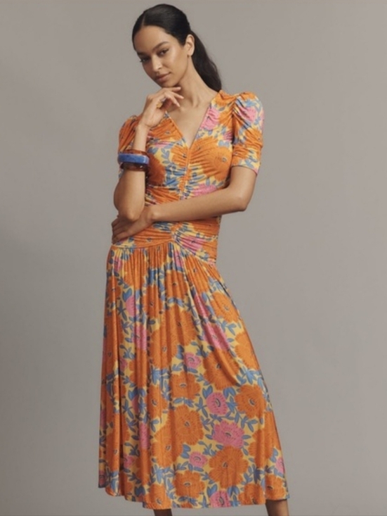Anthropologie Dresses & Skirts - Farm Rio x Anthro Orange Pink Blue Floral Ruched Knit Maxi Dress Womens XL NEW!